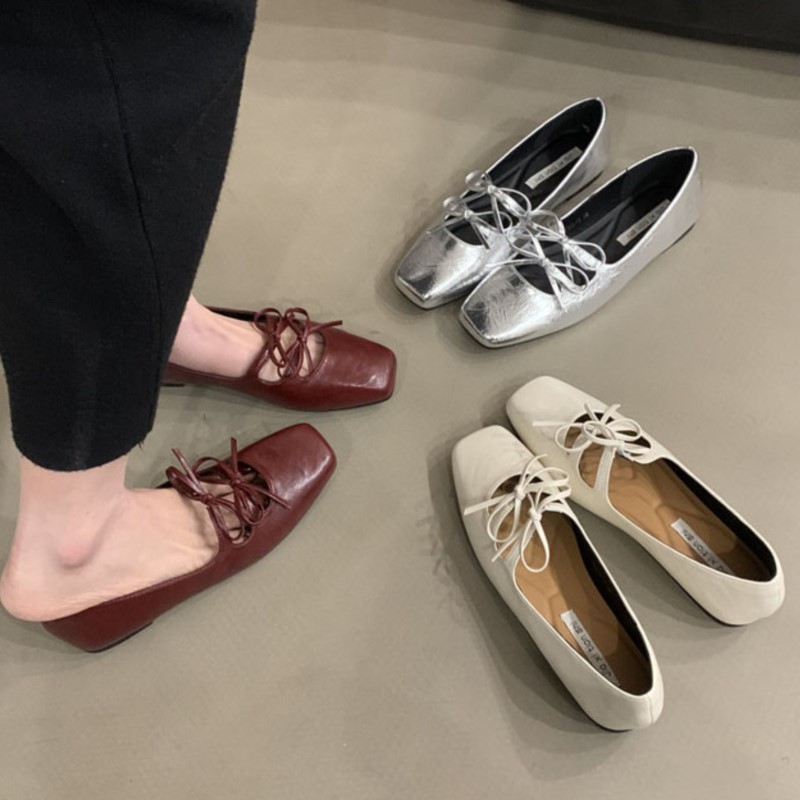 Women's Boat Shoes Square Toe Slip on Flat Shoes Double Bow Ballet Flats Girls Princess Leather Shoes Spring Zapatos Mujer 1789N