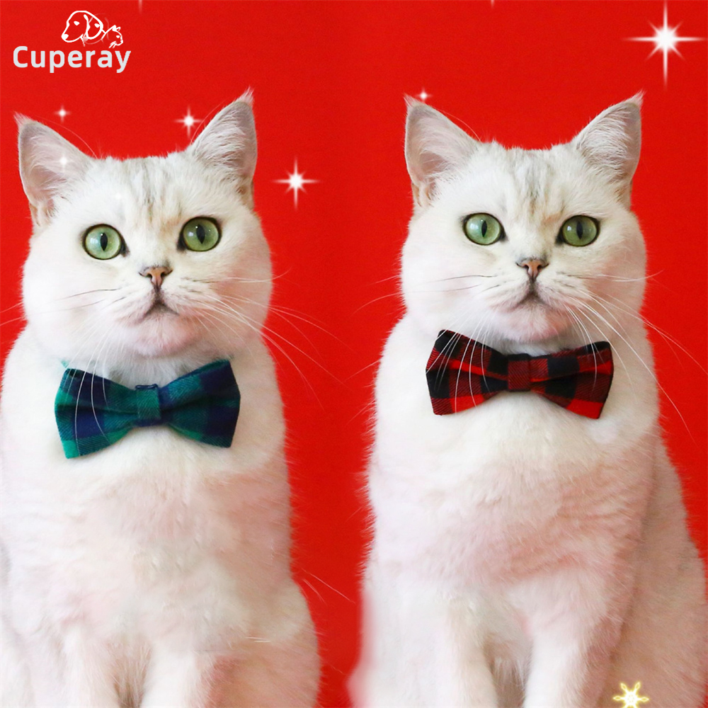 Christmas Bow Tie Pet Collar Red & Green Plaid Anti-Suffocation Adjustable Cat Collar Bow Tie Puppy Collars Necklace Accessories