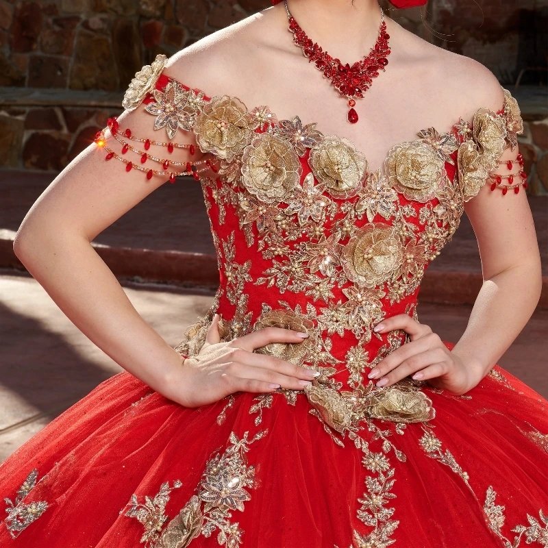Red Shiny Princess Ball Gown Quinceanera Dresses Off The Shoulder Gold Applique Flower Beads Tull Sweet 16 Dress Vestido De 15 Anos