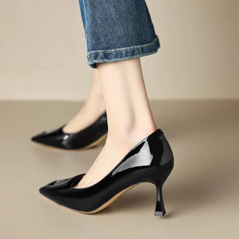 New Women's Pumps Pointed Toe Boat Shoes Square Button Pump Slip on Designer Shoes High Heels Patent Leather Dress Shoes 1528N