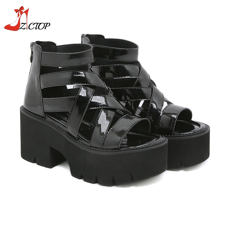 Summer Platform Gladiator Sandals Women Open Toe High Heels Thick Bottom Sandals with Zipper Punk Goth Shoes Plus Size 42 43