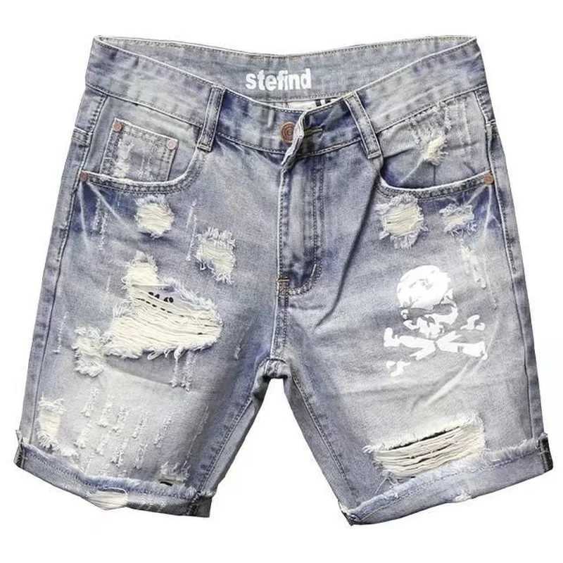 New Summer 2022 Ripped Hole Beggar Short Pants Mens Personality Skeleton Skull Printed Korean Slim Fitting Cowboy Denim ShortsX240914