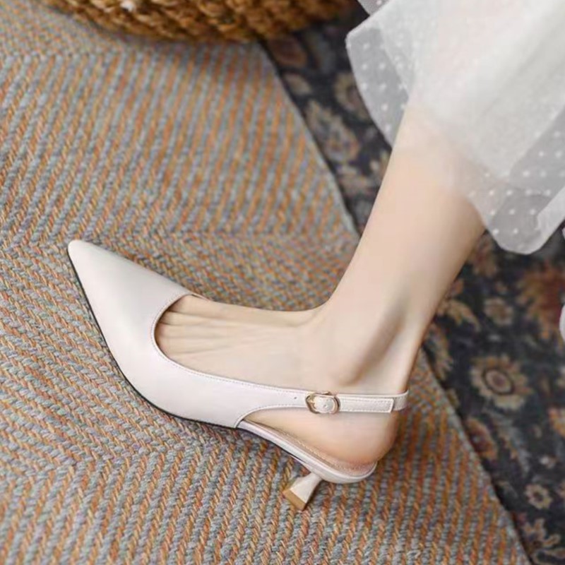 Plus Size 34-43 Women's Sandals Pointed Toe Pumps High Heels Summer Shoes for Female Slingbacks Black Beige Wedding Shoes 1749N