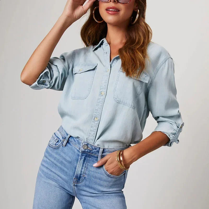 Solid casual loose denim womens shirt autumn retro womens oversized shirt and loose fashionable youth womens top 240914