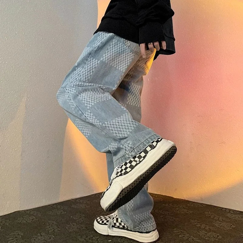 With Pockets Male Cowboy Pants Lattice Straight Jeans for Men Trousers Winter Casual Y 2k Vintage Summer Original Oversize 240911