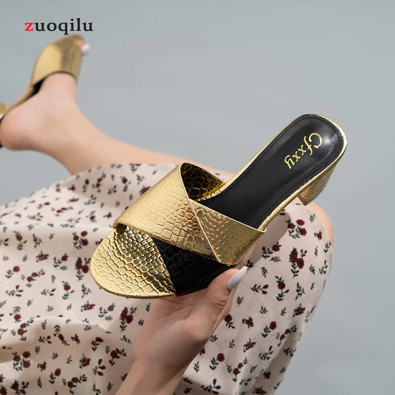 Women Slippers Summer Ladies Sexy Square Heels Pumps Fashion Snakeskin Slides OL Outdoor Casual Leather Sandals