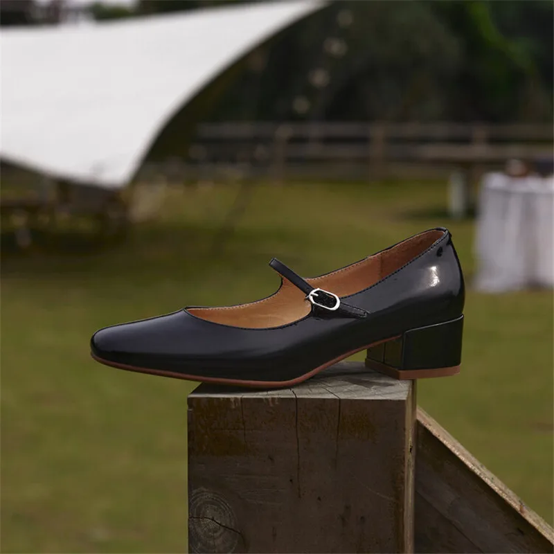2025 new Spring/summer Mary Jane Patent Leather Woman French Square Toe Thick Heel Shoes Buckle Strap Women Pumps 466d