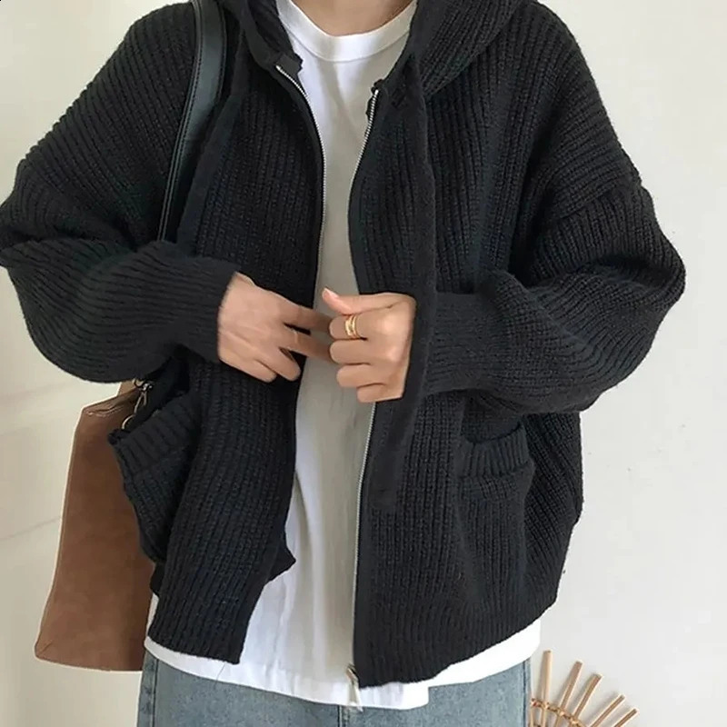 Zipper Cardigan Sweater Women Knit Fall Winter Long Sleeve Harajuku Y2K Solid Jumper Loose Lazy Warm Vintage Basic Female Hoodie 240904