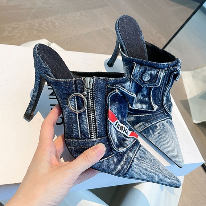 Pocket New Retro Side Zip Lady Slippers Pointy Toe Stiletto Patchwork Sexy Ladies High Heels New Washed Denim Sandals 7cb6