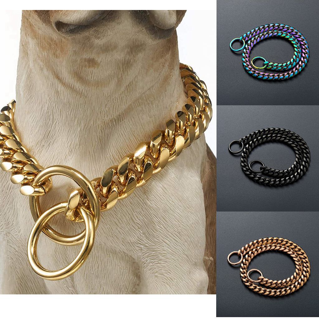 Black Gold 10MM Cuban Link Dog Stainless Steel Metal Slip Chain Collar for Dogs Heavy Duty & Chew Proof