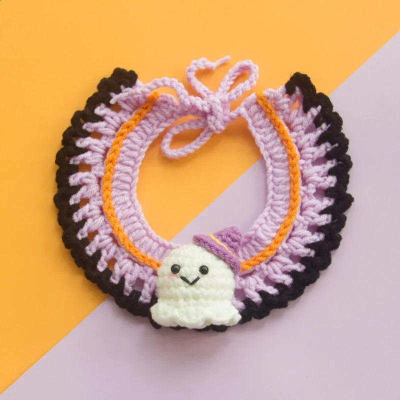 Halloween Ghost Festival cat crochet collar dog pet bib decoration collar pumpkin handmade wool knitted dog bandage 240914
