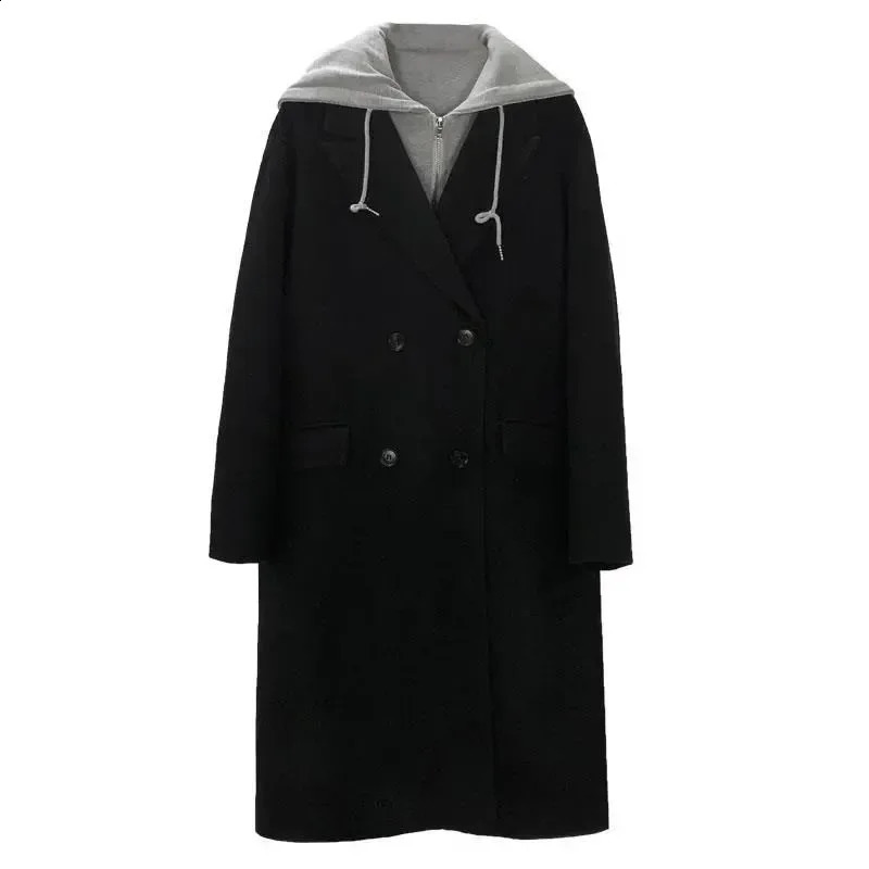 Twopiece Illusion Woolen Jacket Womens Winter Korean Style Loosefit Mediumlength Hooded Thickened Overcoat Clothing 240905