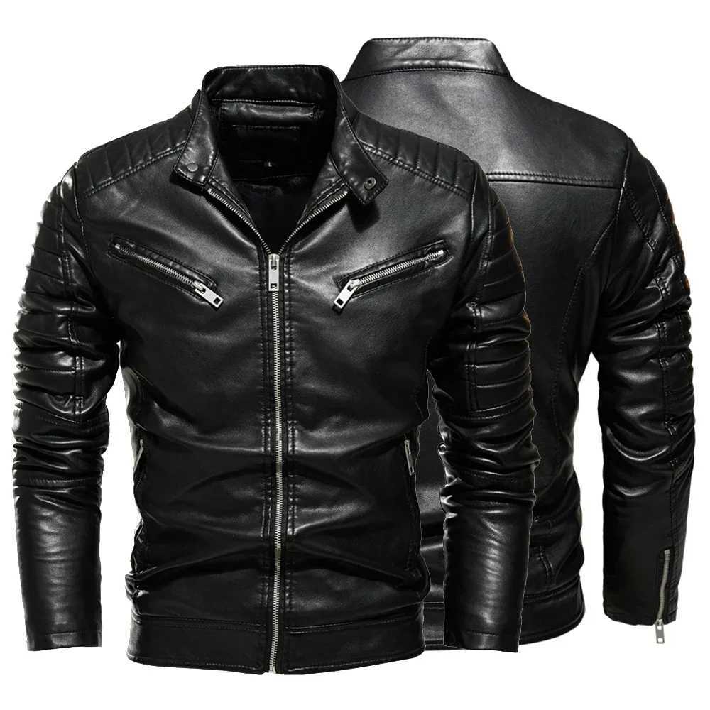2024 Winter Black Leather Jacket Men Fur Lined Warm Motorcycle Jacket Slim Street Fashion BLack Biker Coat Pleated Design ZipperX240913