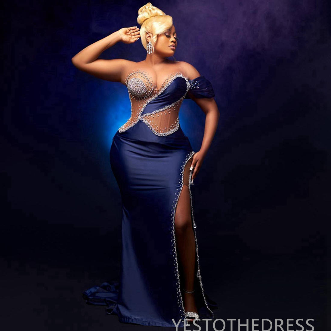 2024 Plus Size Navy Prom Dress Evening Dresses Mermaid Illusion Formal Gown Sheer Neck Side Split Beaded Birthday Dress Second Reception Gowns Abendkl