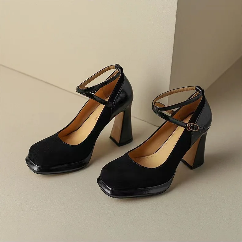 New Vintage Super High Heels New Women Ankle Buckle Platform Pumps Woman Round Toe Chunky Heeled Shoes 8143
