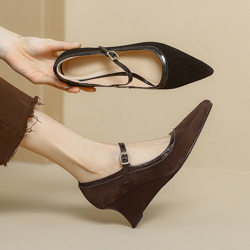 2025 new Spring/Autumn NEW Sheep Suede Leather for Pointed Toe Chunky Heel Women Pumps Wedges Mary Janes Shoes 612b