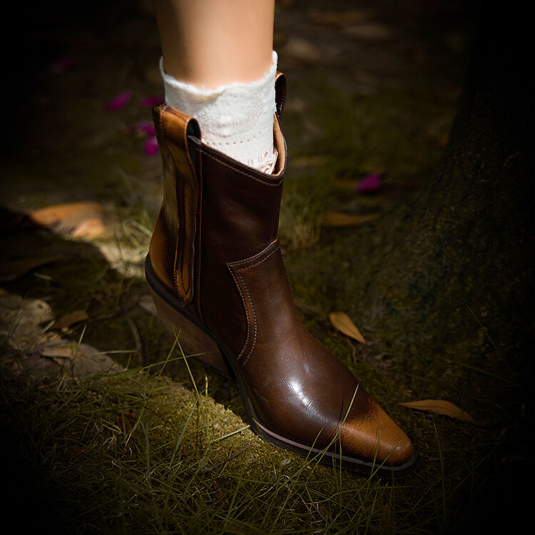 Autumn NEW Split Leather for Women Pointed Toe Chunky Heel Shoes Slip-on Ankle Retro Brown Western Boots c5b6