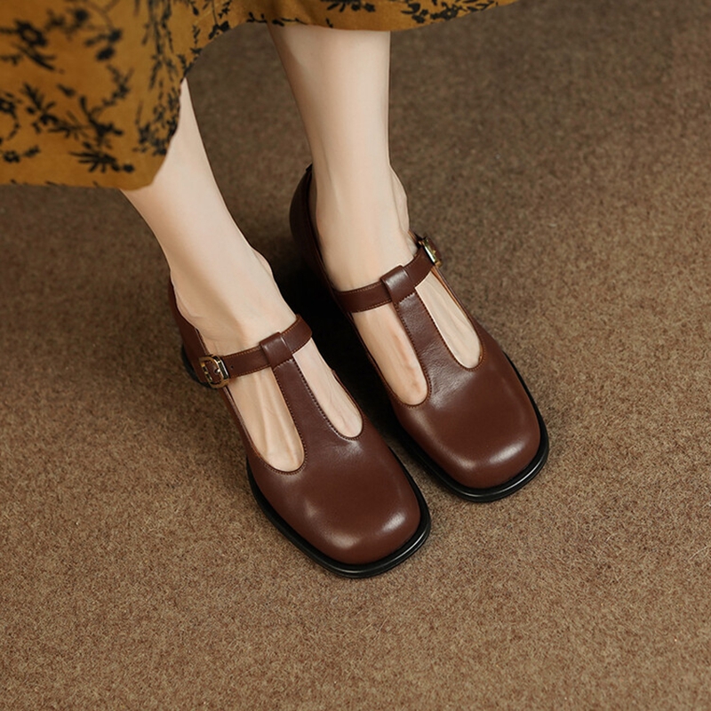 2025 new Spring 2023 Pumps Split Leather for Women Toe Chunky Retro Round Heel Mary Janes Solid Black Shoes 0d29