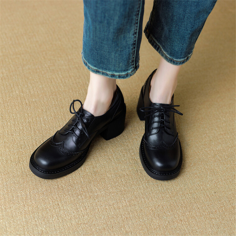 Spring New New Cow Leather Round Toe Pumps Platform Shoes for Women atos Mujer Lace Up Brogue Designs Loafers cb48