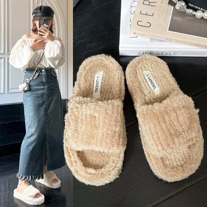Women Home Plush Slippers Indoor Soft Peep Toe Cotton Slippers Fashion Home Bedroom Warm Plush Slides Fashion Fluffy Fur Shoes