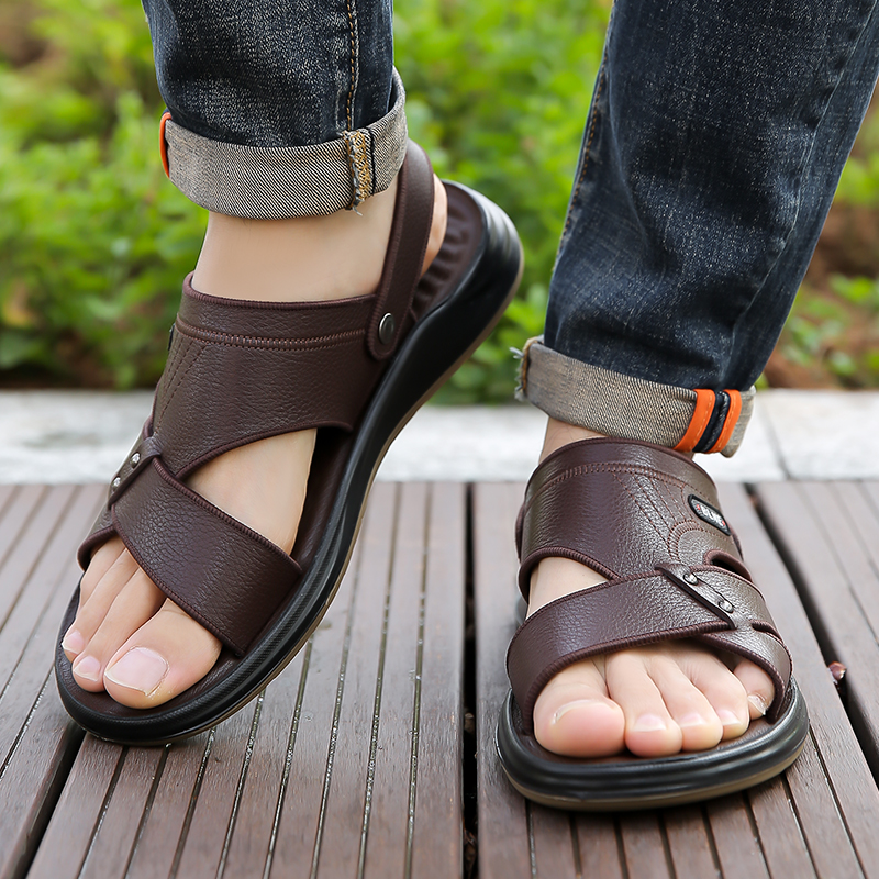 Men Sandals Genuine Leather Men Shoes 2024 Summer New Size Men's Sandals Fashion Comfortable Beach Sandals Slippers Black