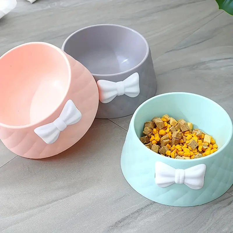 Creative Cute Bowknot Decor Pet Feeding Deepen Bowl Cats Dogs Durable Friendly PP Cat Food Dish Bowl Water Basin Non-Slip Base