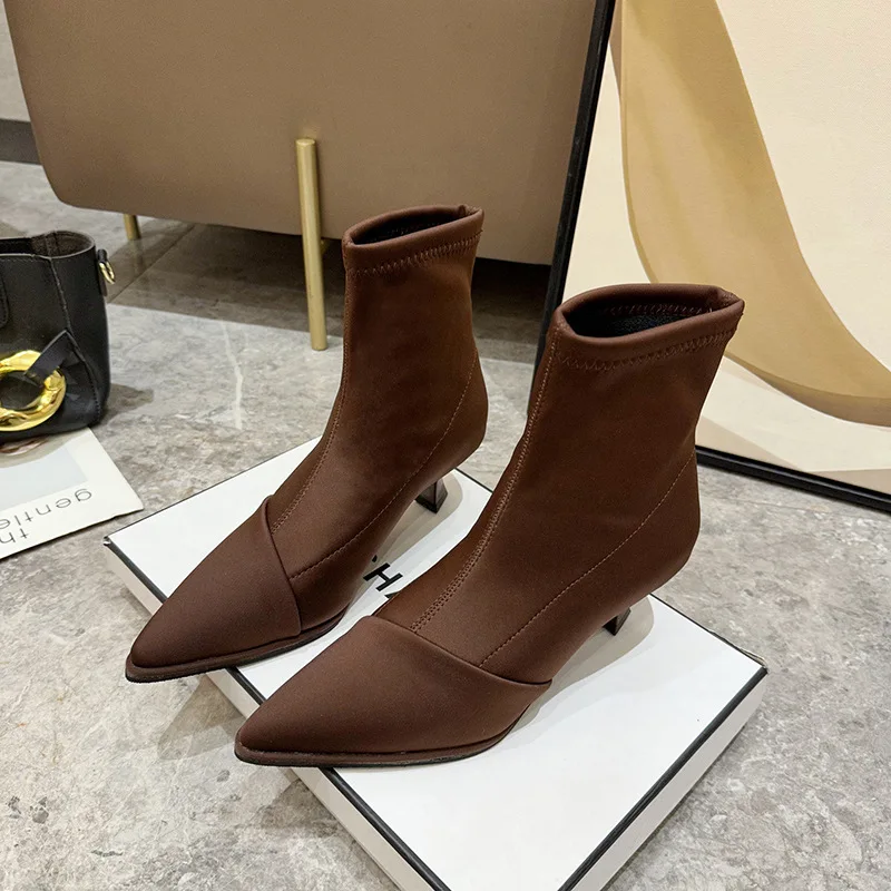 Women Elastic Socks Short Boots Pointed Toe Ladies Elegant Thin Heel Slip On Slim Ankle Boot Chelsea Shoes 2023