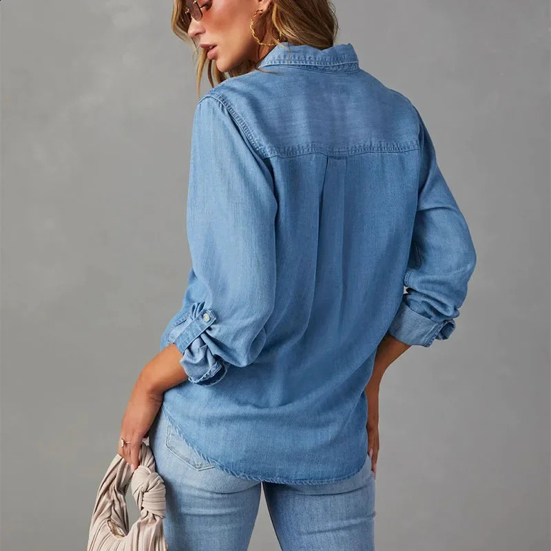 Solid casual loose denim womens shirt autumn retro womens oversized shirt and loose fashionable youth womens top 240914