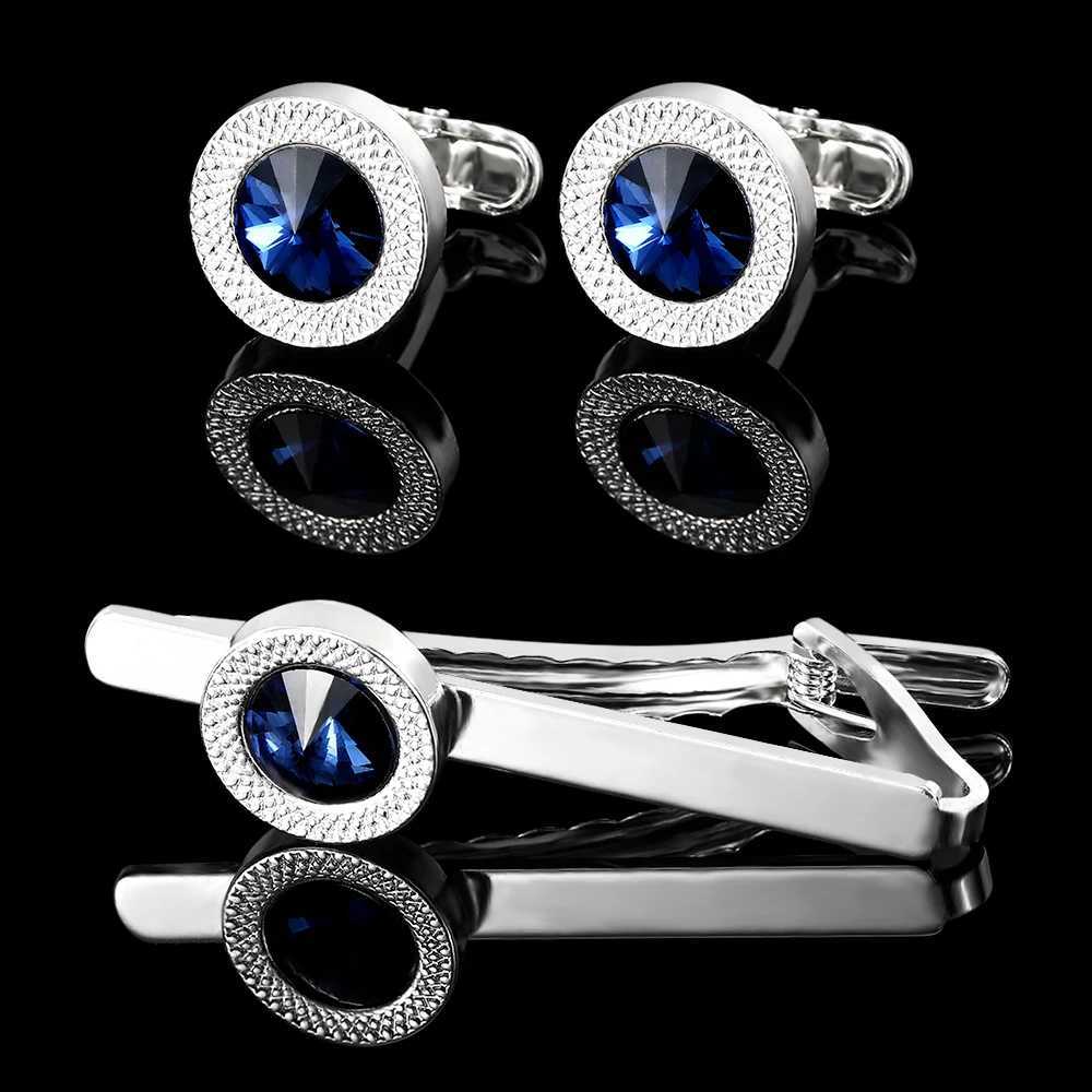 Textured Mens Blue Crystal Dust Round Cufflinks Tie Clip Set With Unique Whale Back Closure Free ShippingX240914