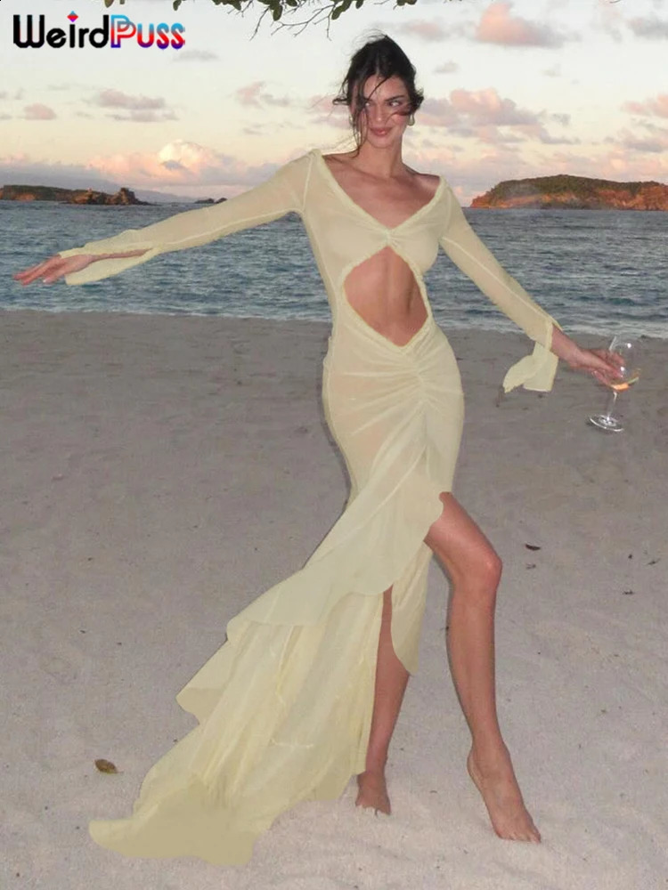 Weird Puss Sexy Sheer Women Dress Elegant Hollow VNeck Splits Long Sleeves Ruffles Lace Ruched Bodycon Beach Vacation Clubwear 240918