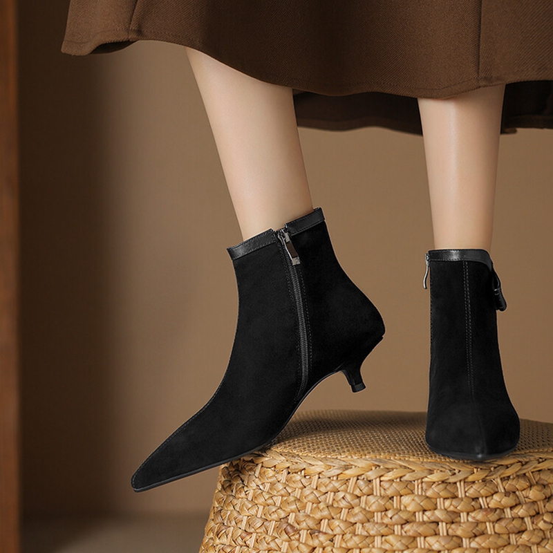 Autumn NEW Sheep Suede Leather for Women Pointed Toe Ankle Bow-knot Shoes Black Kitten Heel Modern Boots 5d3d