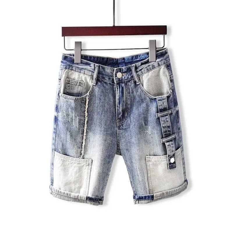 Korean Style Harajuku Fashion Designer Mens Summer Straight Denim Jeans Shorts Casual Boyfriend Washed Patchwork Short PantsX240914