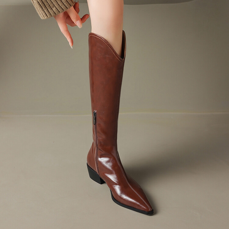 Autumn Women's Boots Split Leather Shoes for Women Pointed Toe Chunky Heel Boots Women Winter Knee High Boots Long Western Boots