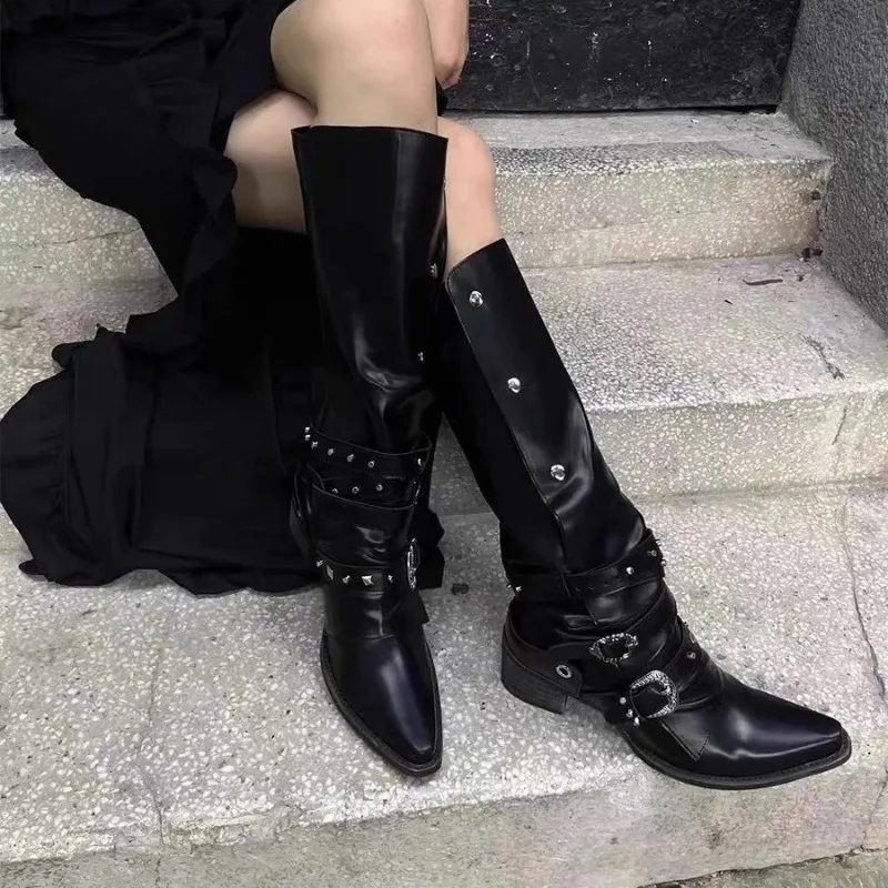 Women High-heeled Pointed Toe Long Boots for Woman Sexy Punk Gothic Knee High Boot Retro Cowboy Knight Botas Altas Mujer cbf8