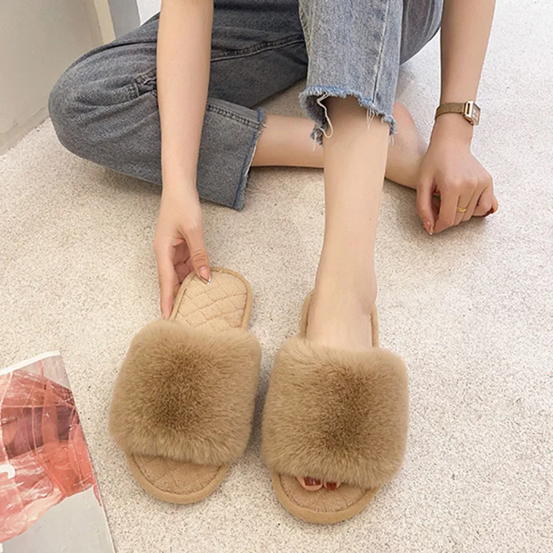 2023 New Woman Slippers Winter Simple Word Fur Flats Soft Home Women Slippers Faux Fur Warm Bedroom Leisure Female Slides Shoes