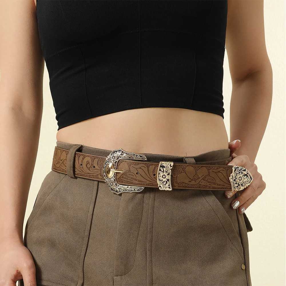 PU Leather Belts Luxury Metal Carved Buckle Jeans Dress Pants Waistband Western Brown Cowgirl Waist Belt Hip Hop Fashion BeltX240914
