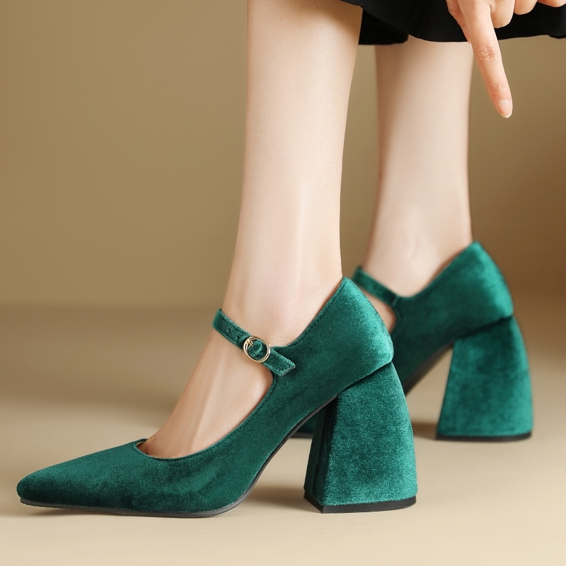 Square Designer High Heels Mary Janes Veet Black Green Heeled Dress Pumps Women Large Size Office Party Wedding Shoes 7834