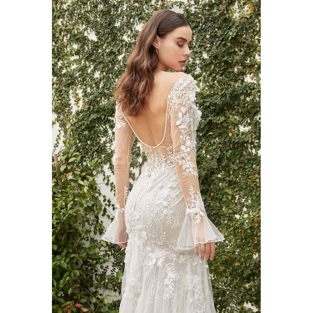 Newest Dresses Mermaid V-Neck Appliques Lace Long Sleeve Backless or-Length Princess Bride Wedding Dress Custom Made