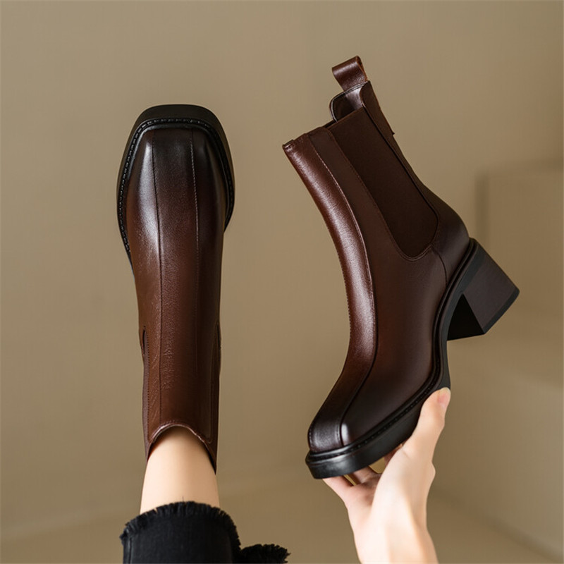 New Autumn Winter Genuine Leather Boot Fashion Square Toe Chunky Boots for Women High Heels atos Mujer