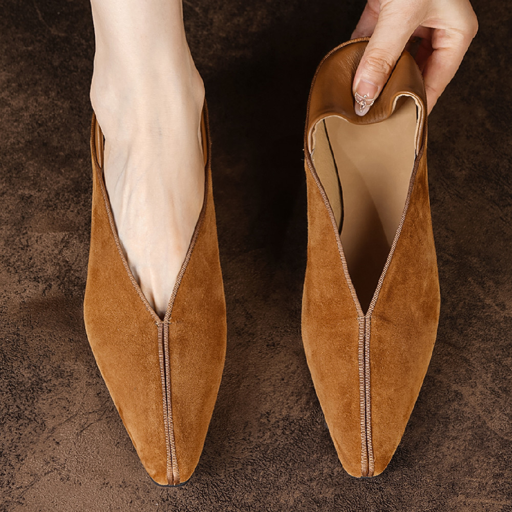 Suede Leather Natural Slip-On Flats for Women, French Retro OL Style High-Quality Casual Daily Shoes 4