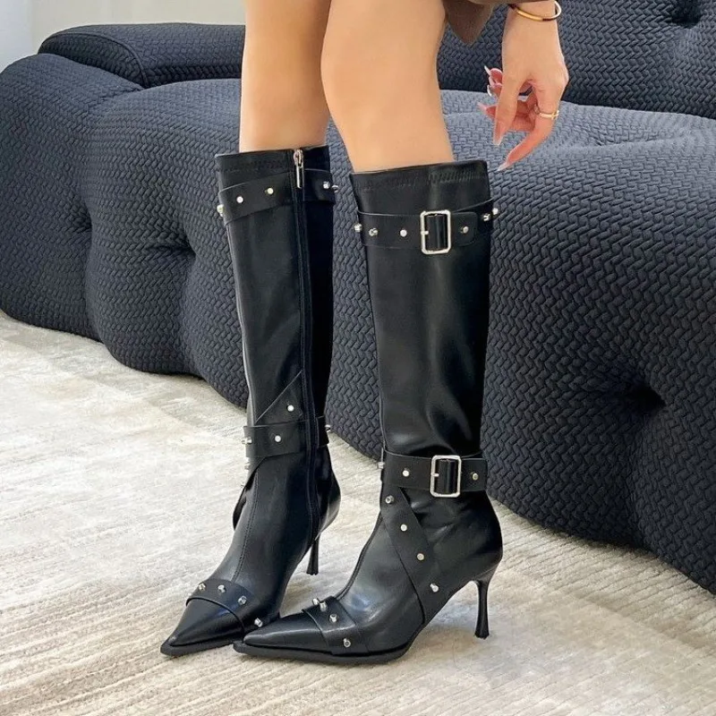 for Knee Women Cool Metal Pointed Toe High Heels Gothic Punk Western Boots Female Rivet Buckle Sexy Ladies Booties e5ab