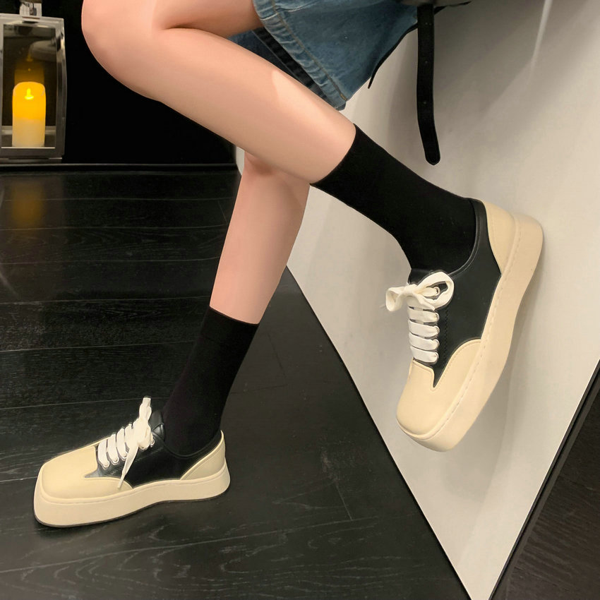 Spring 2023 Summer Women Sneakers Genuine Leather Mixed Color Low Heel Square Toe Platforms Shoes Woman Size 35-40 c510