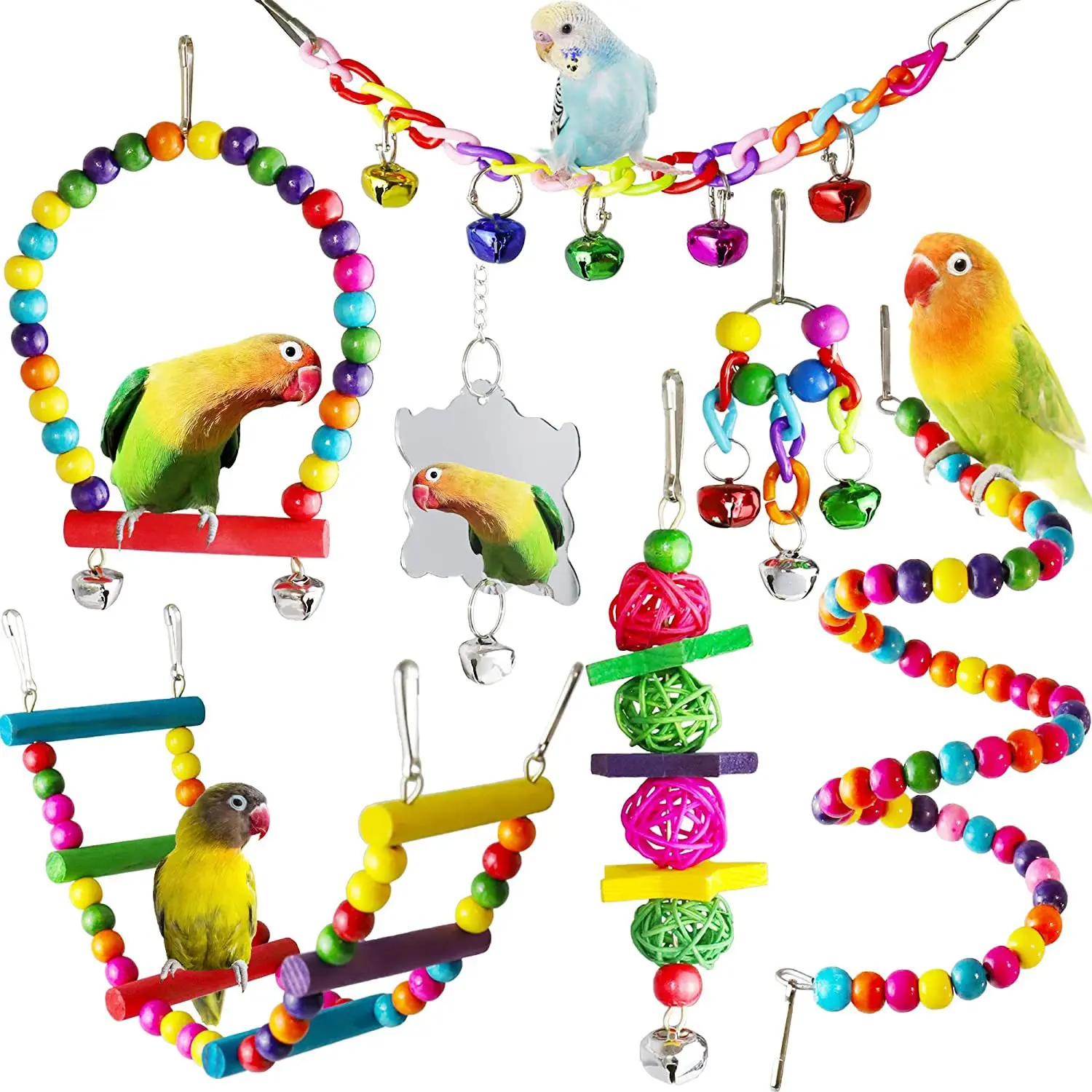 7 pcs Cage for Parrots Wood Birds Swing Reliable Chewable Bite Bridge Wooden Beads Shape Parrot Toy Bird Toys