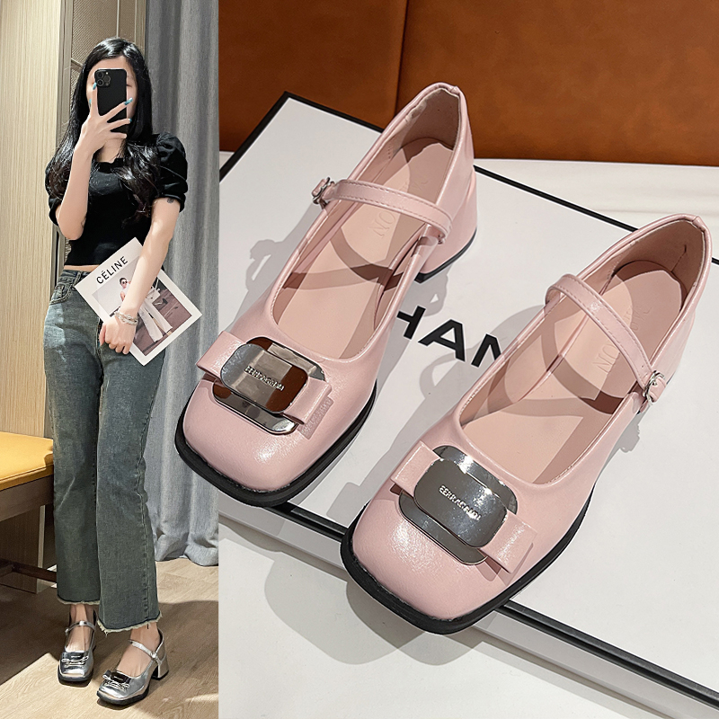 Square Head Single Shoes Women 2024 Spring New Korean Retro Everything Thick Heel Soft Soft Surface Mary Jane Shoes Bean Shoes