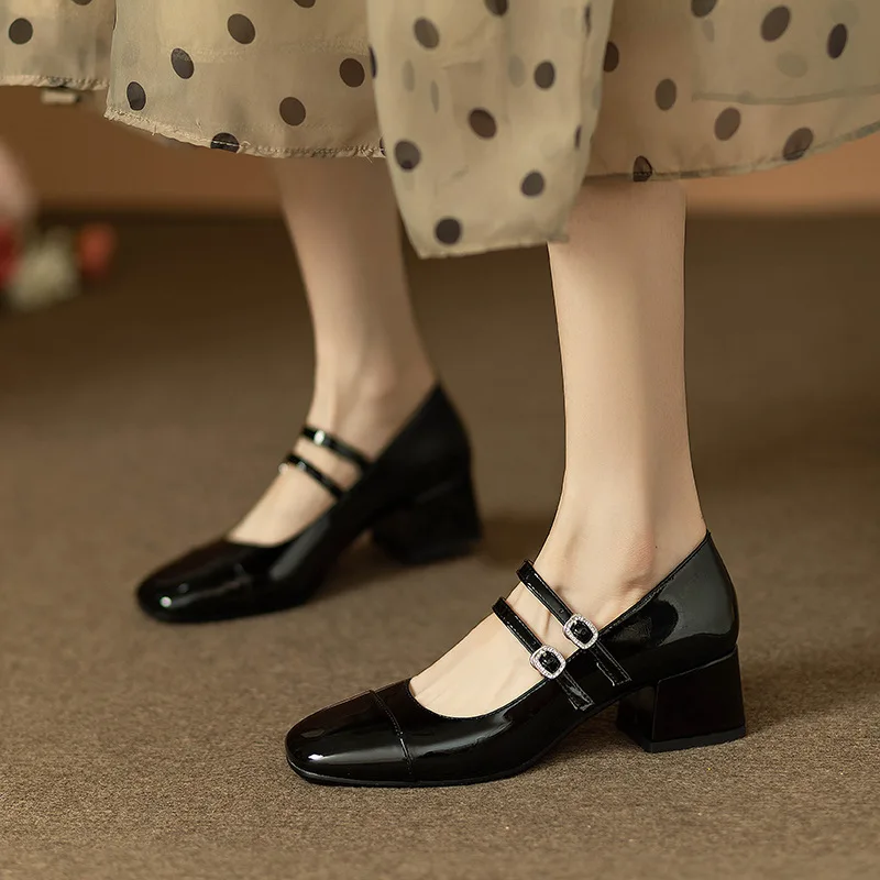 Square Mary Janes Round Toe Med Heels New Flats Spring/Autumn Solid Color Women's Buckle Strap Fashion Ladies Shoes 2060