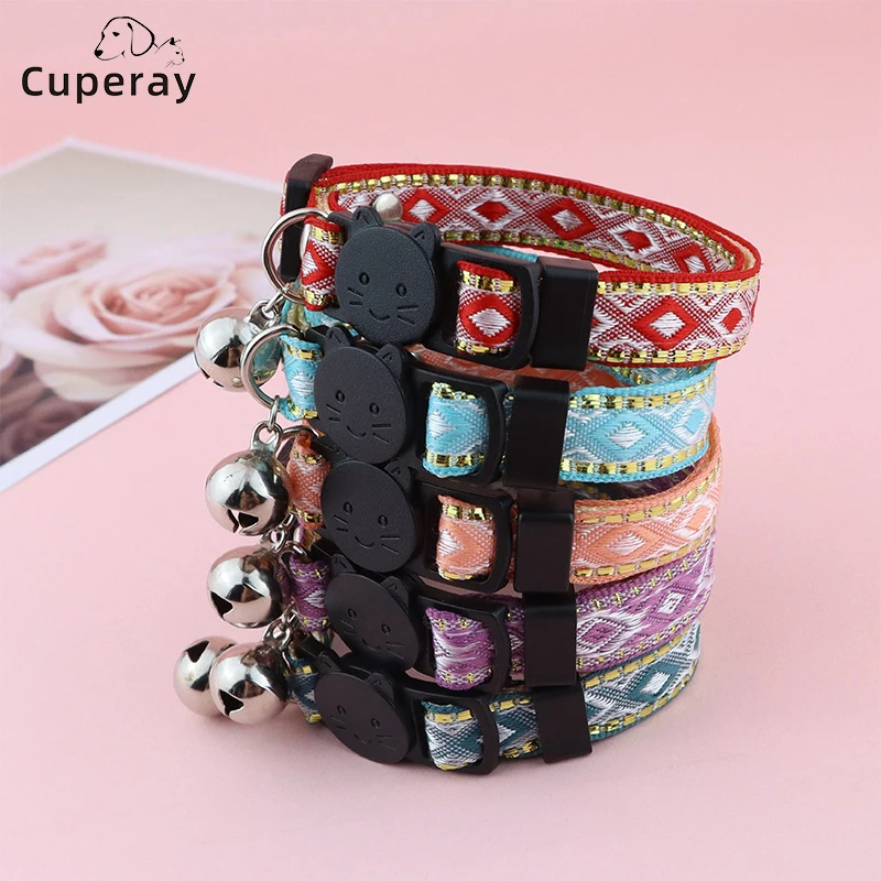 Cat Collar Bell Gold Silk Edge Ethnic Style Pet Collar Anti-Suffocation Adjustable Small Dog Cat Collar Pet Supplies Accessories