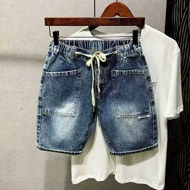 Vintage Korean Style Clothes Mens Summer Casual Knee Length Denim Shorts Large Pockets Drawstring Blue Boyfriend Short JeansX240914