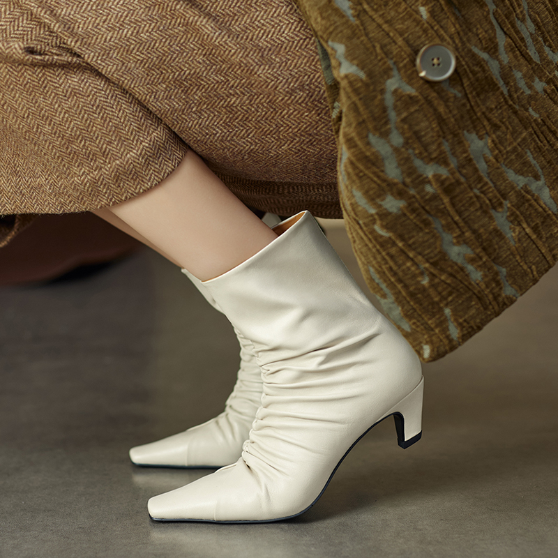 2024 Autumn Winter Women Boot Fashion Solid Pointed Toe Short Ladies Shoes High Heel Ankle Pleated Modern Boots b0bd