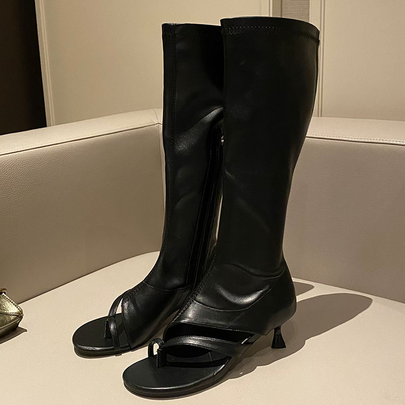 Footwear Peep Toe Women Knee High Stretch With Low Heel Female Zippers Fashion Elastic Ladies Long Boots Shoes Flip ps