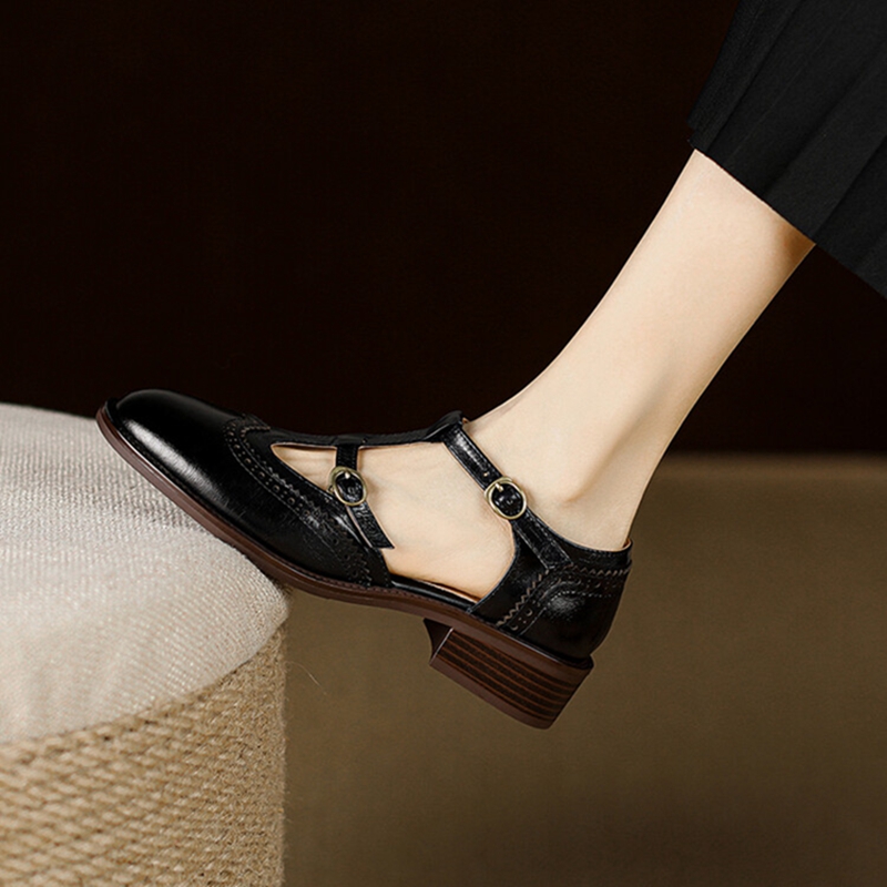 Summer NEW Sandals Genuine Leather for New Women Round Chunky Toe Brogue Cover Heel Black Shoes 8767